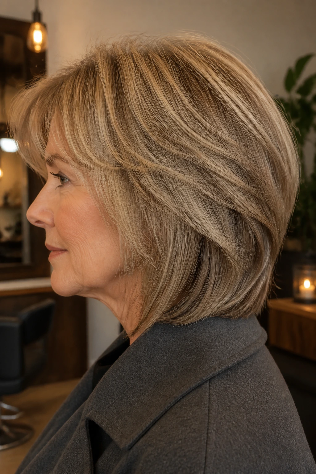 Side-profile of a real woman showing lightly stacked layers at the back.