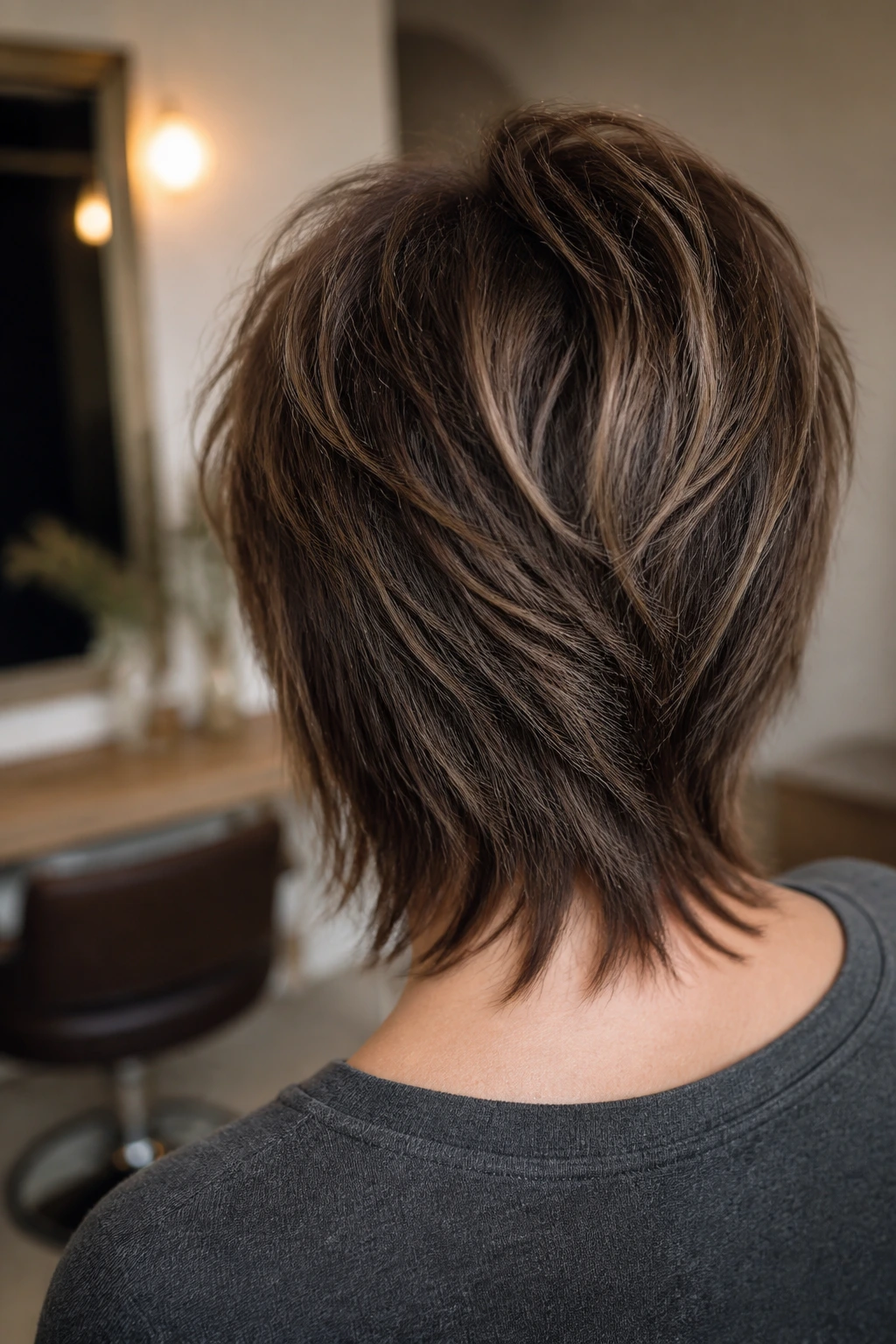 Back view of a real person with a stacked shag hairstyle