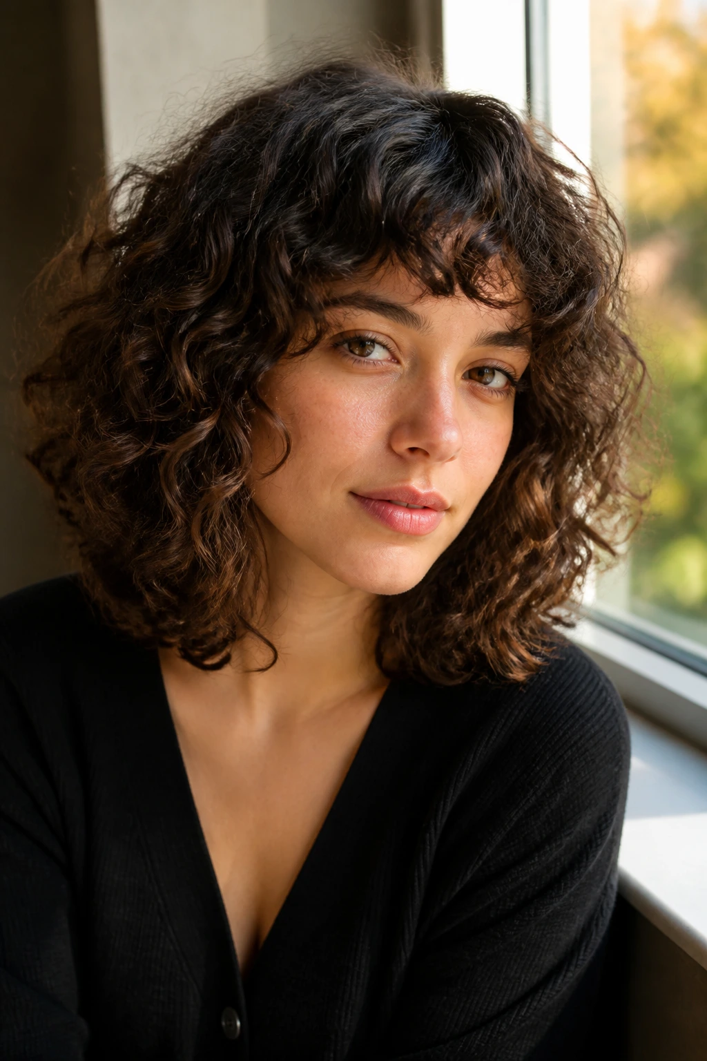 Portrait of a person with balanced curly bangs shaping the face