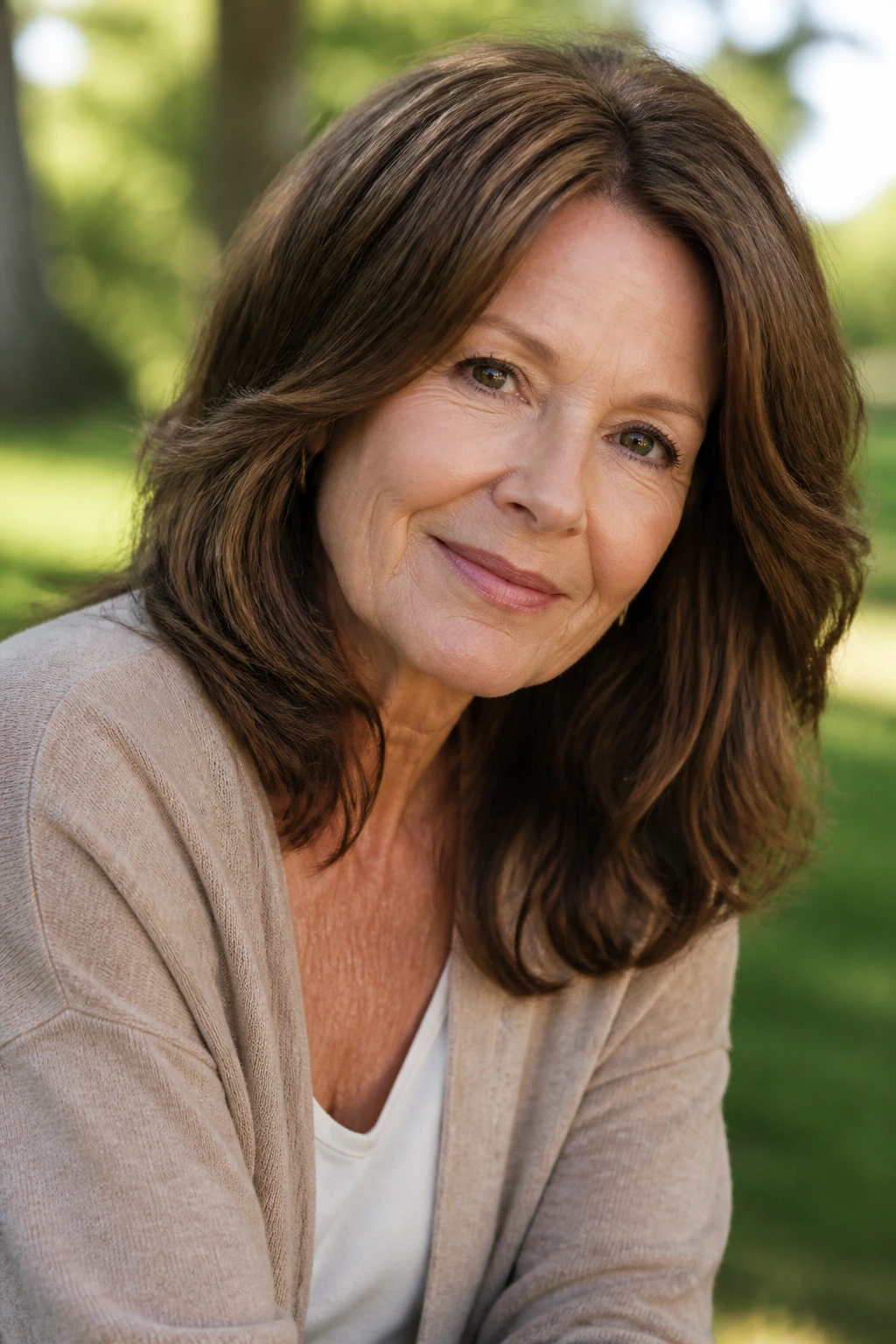 Close-up portrait of a real woman with balanced chestnut brown hair in natural light.