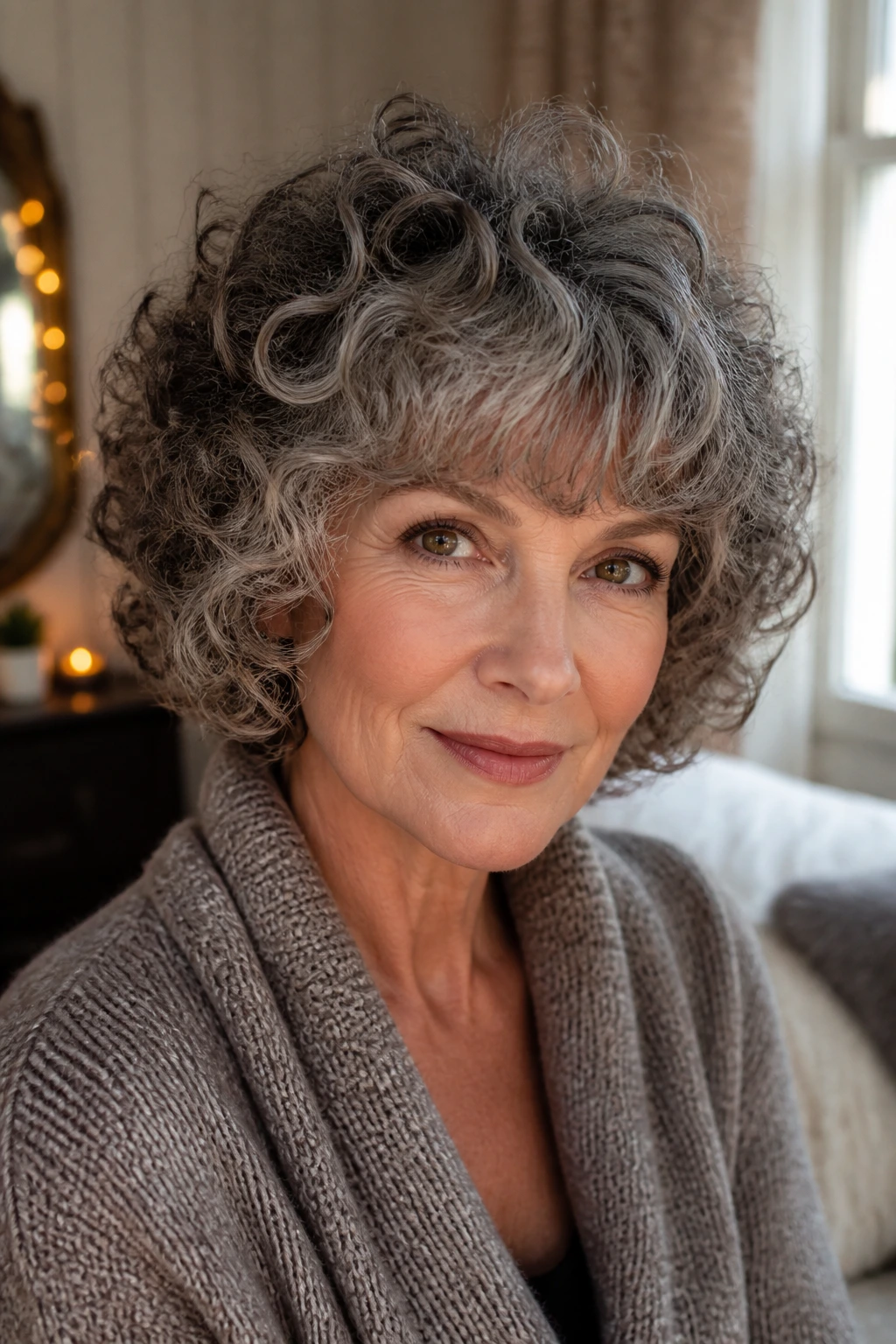 Close-up portrait of a real woman with balanced rounded curly bangs