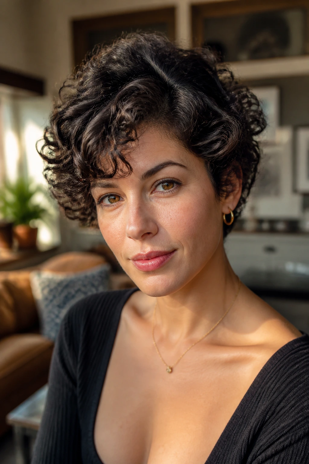 Portrait of a real woman with a balanced short curly haircut emphasizing cheekbones
