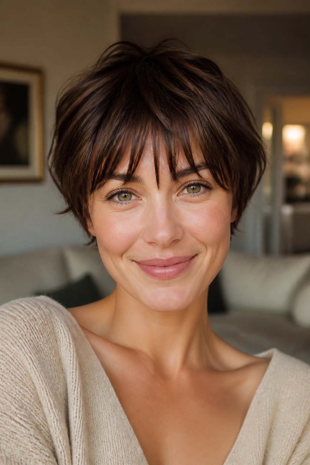 Close-up portrait showing a balanced fringe on a heart-shaped face.