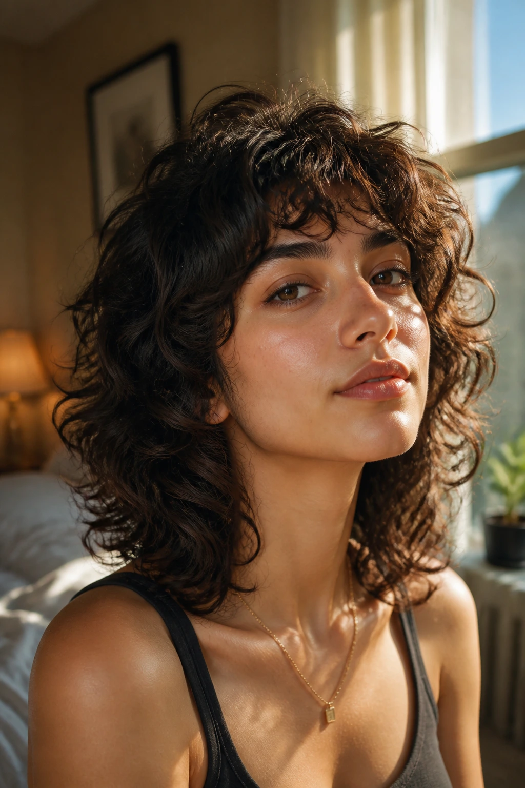 Close-up of real person showing balanced medium-length curly wolf cut.