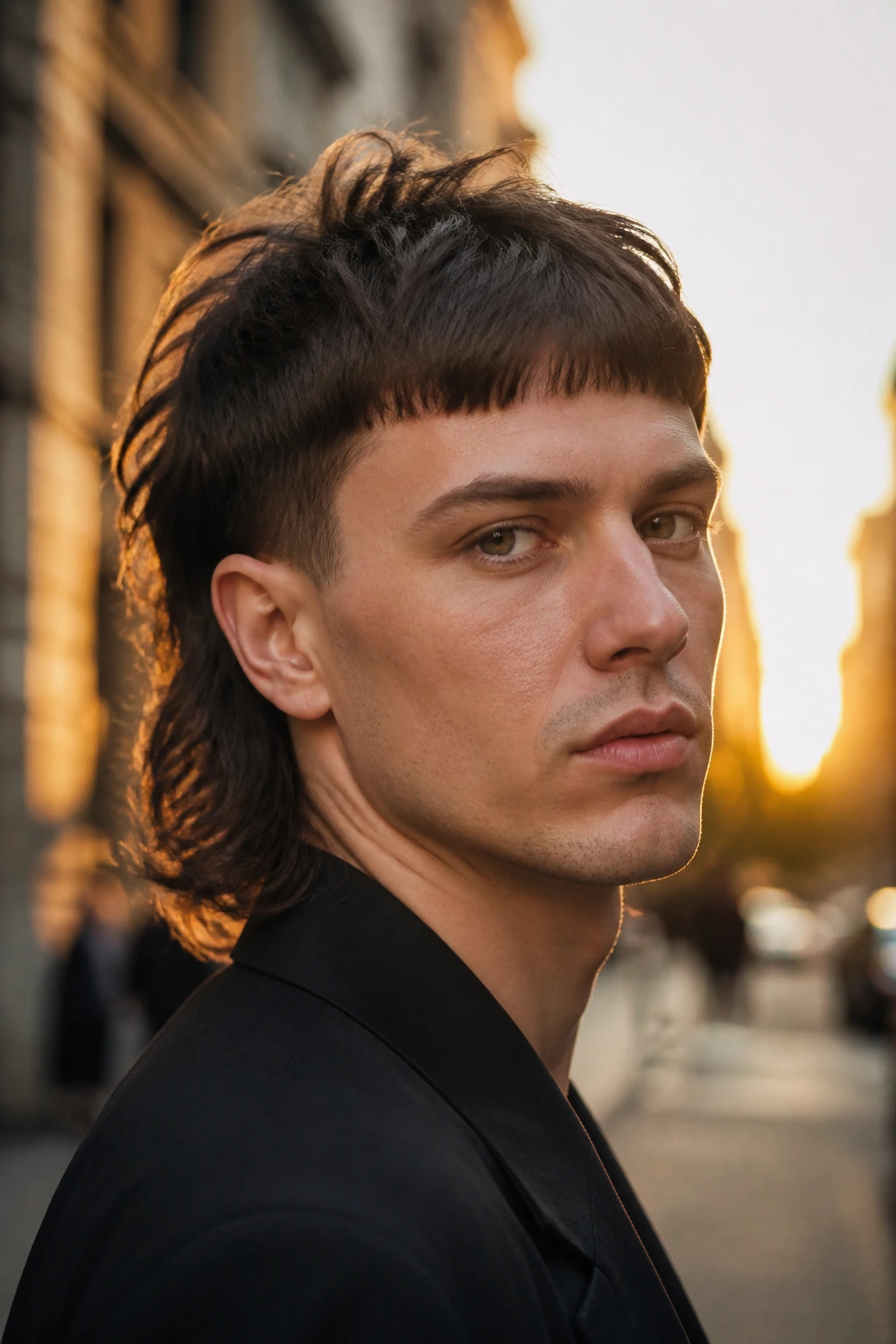 Portrait of real person with balanced mullet in urban golden-hour setting