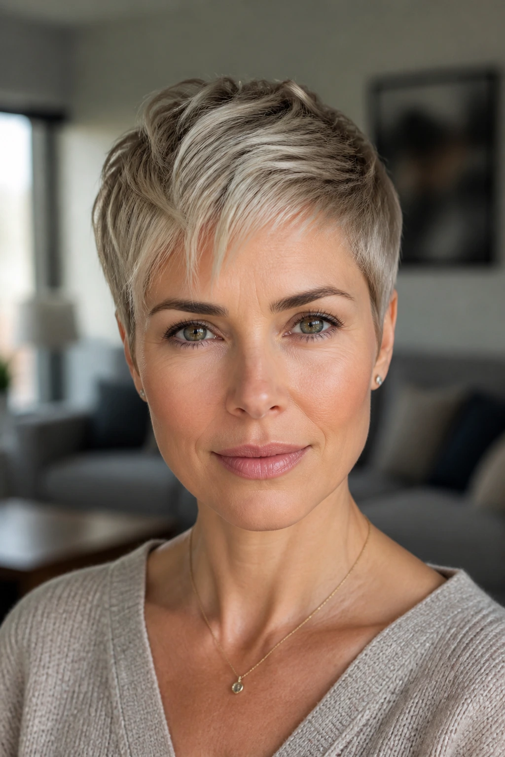 Portrait of a person with a well-balanced pixie cut showing fringe, crown, and nape