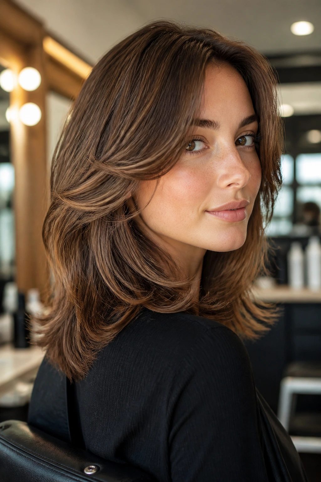 Close-up portrait of a real person with balanced salon-ready layered hair