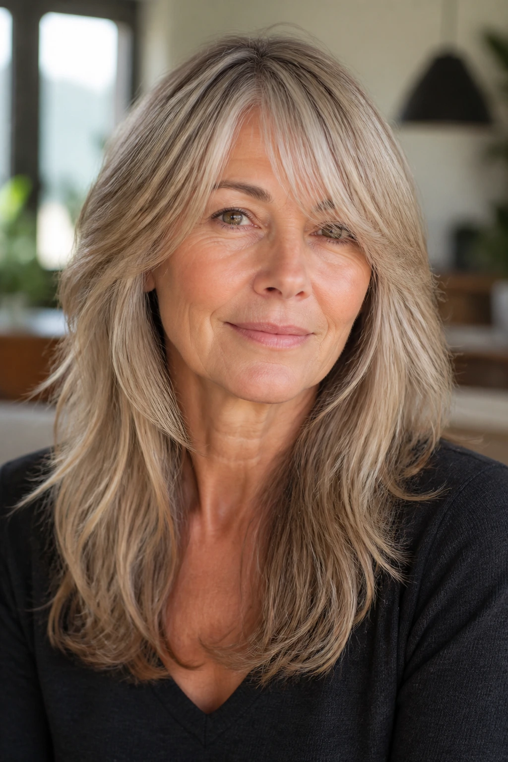 Real woman with balanced shag to create width on a long face in a bright room.