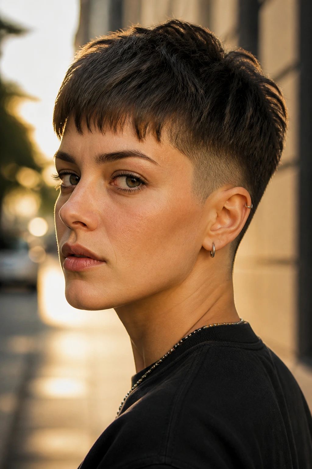 Real person with balanced short hairstyle in warm light