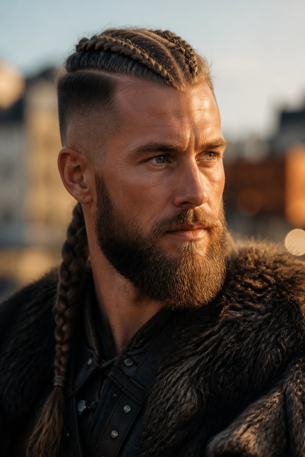 Man with balanced Viking hairstyle featuring weight, braid, fade, and beard finish