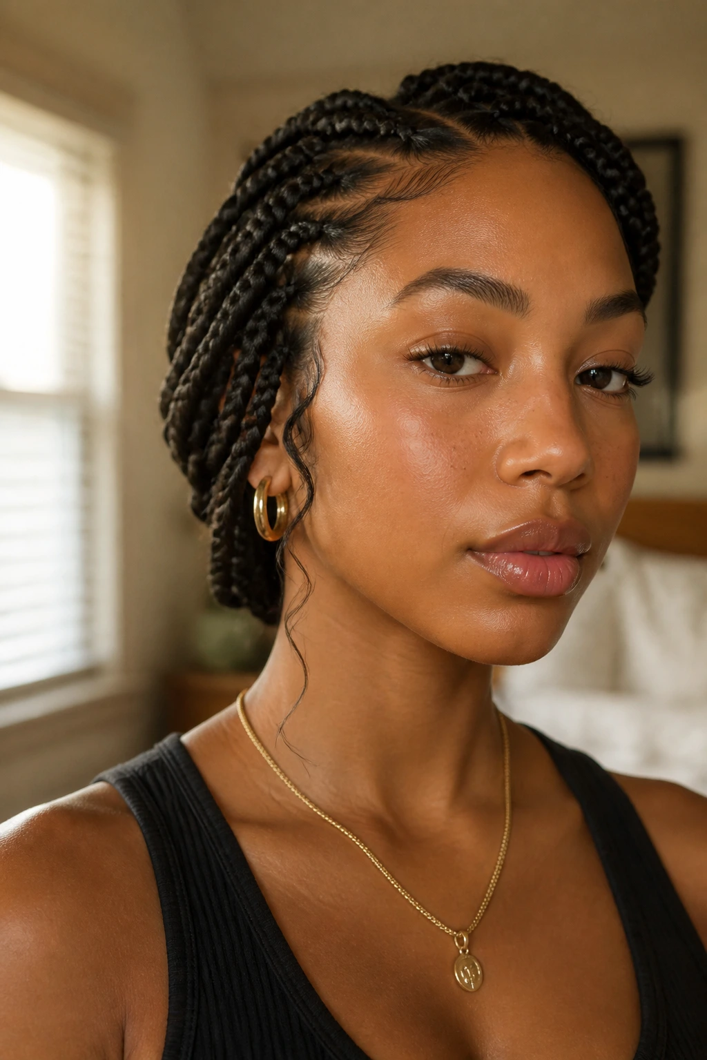 Portrait of a woman with a side braid balancing a long face