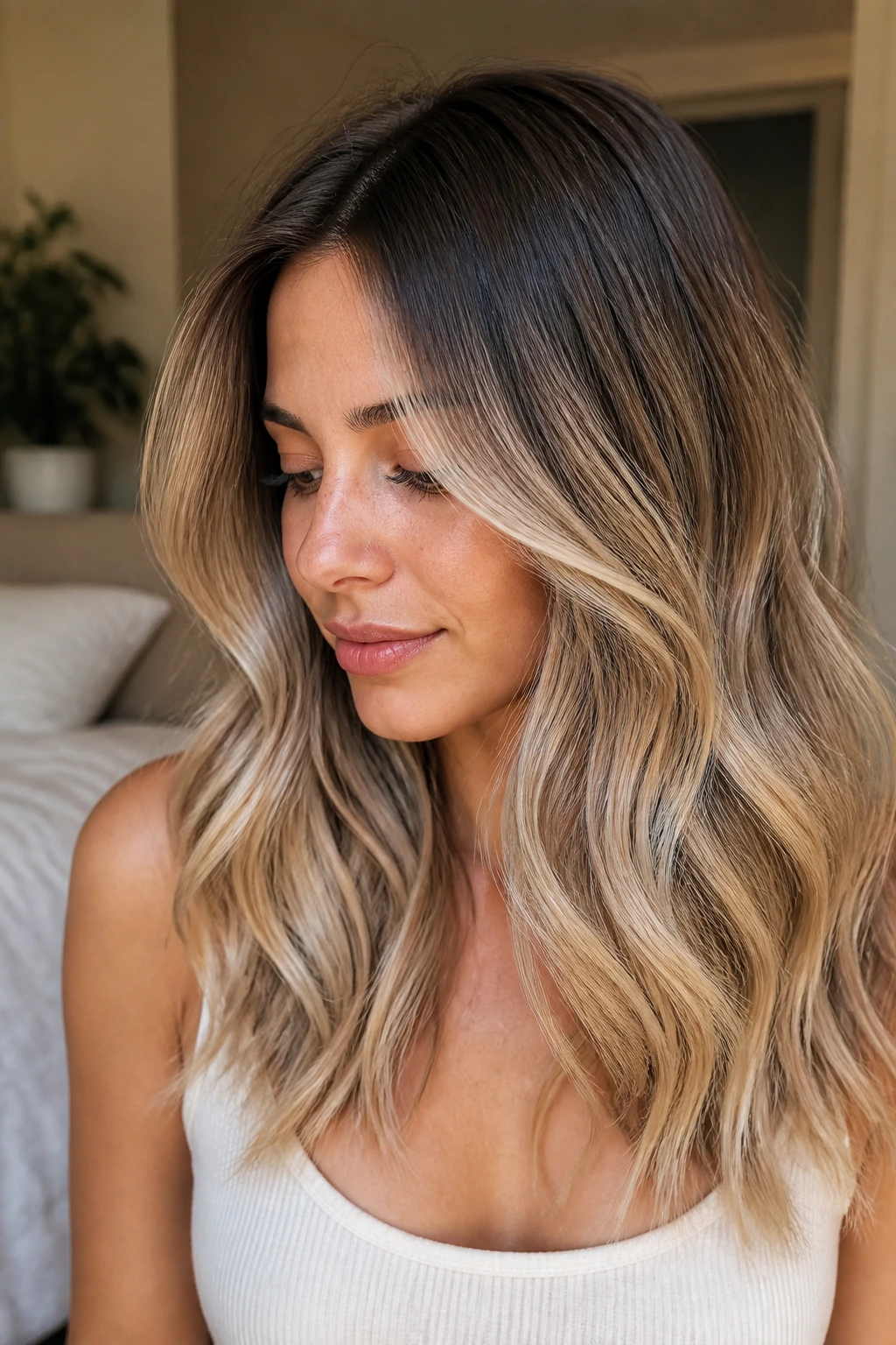 Close-up portrait of a real woman with almond cream balayage on medium brown hair