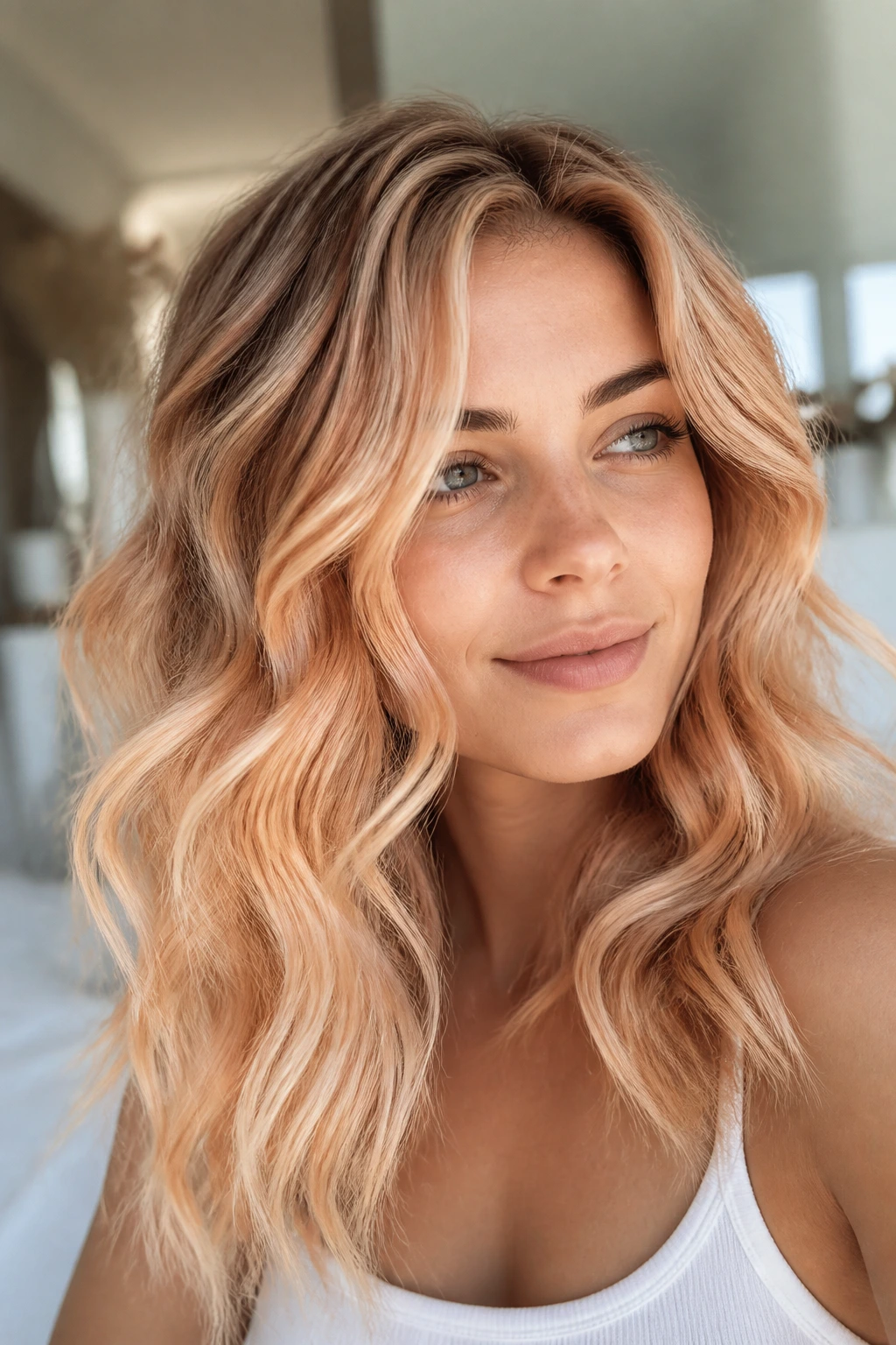 Close-up portrait of a real woman with apricot blonde balayage on wavy hair