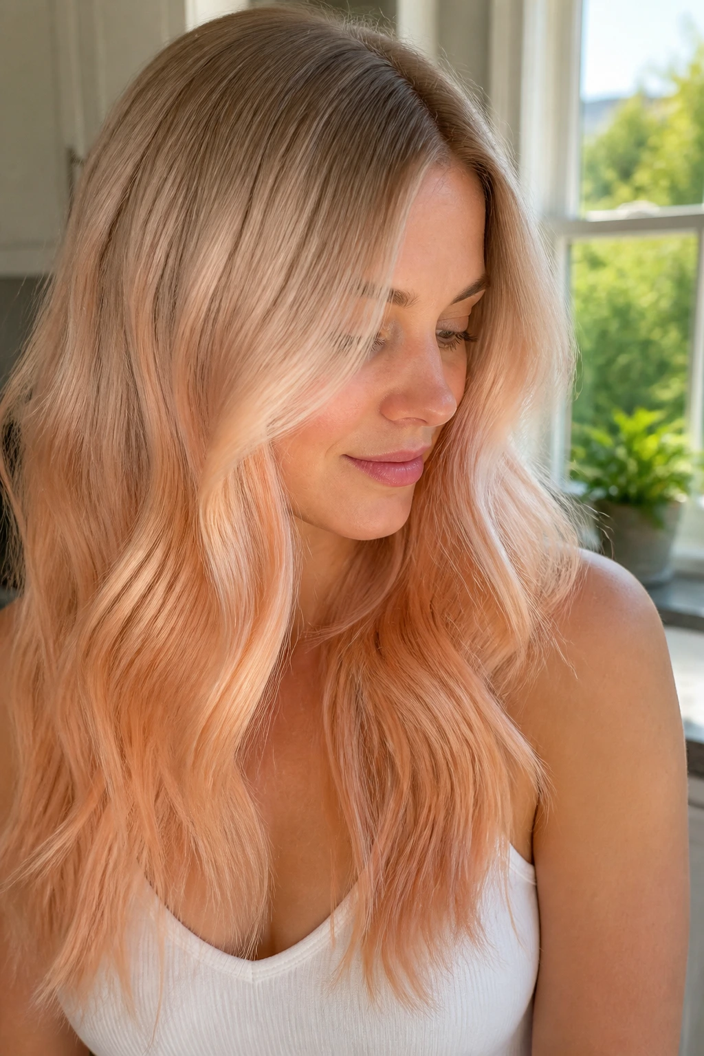 Hair with soft apricot champagne melt in natural morning light