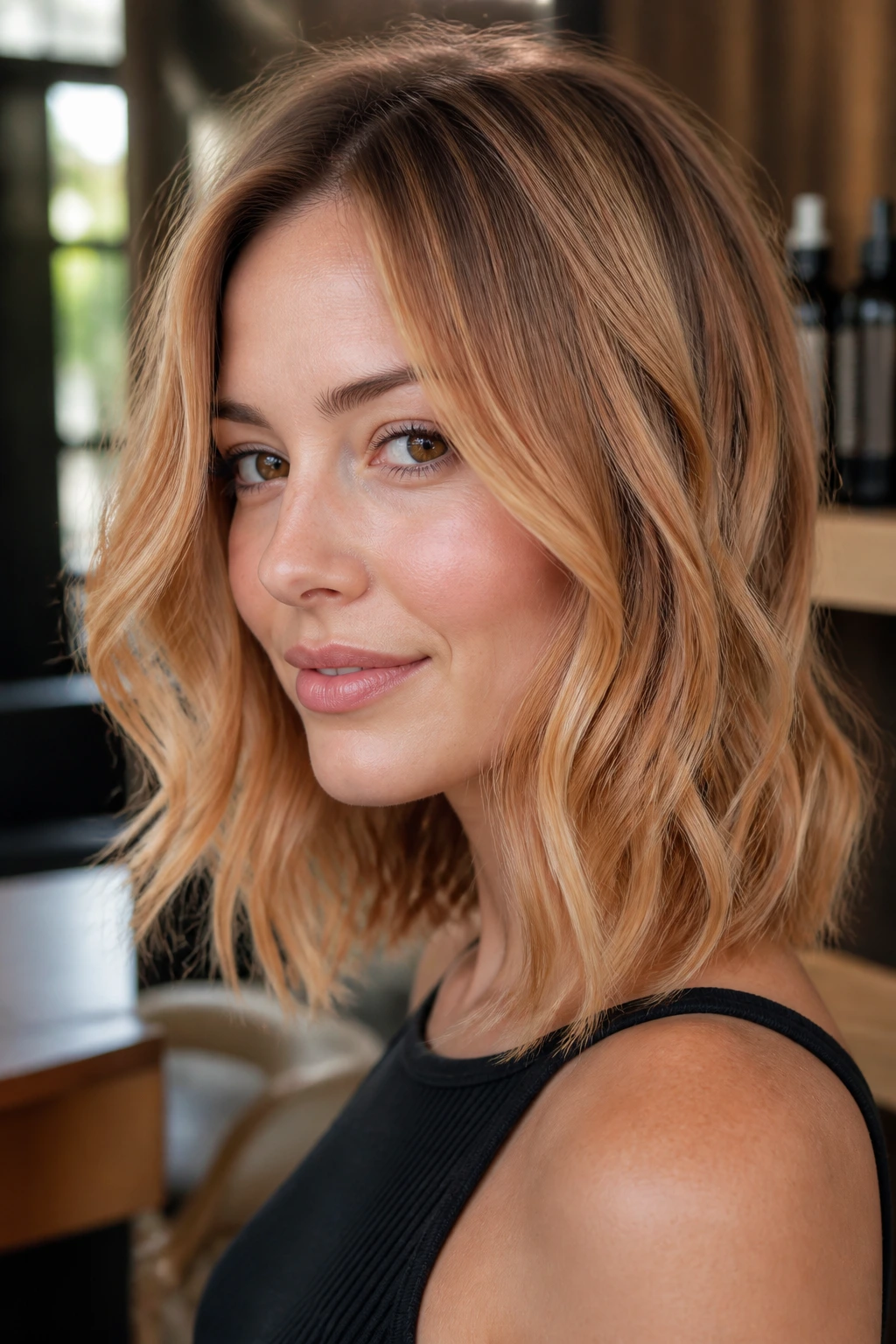 Close-up of golden apricot balayage on shoulder-length hair catching warm light