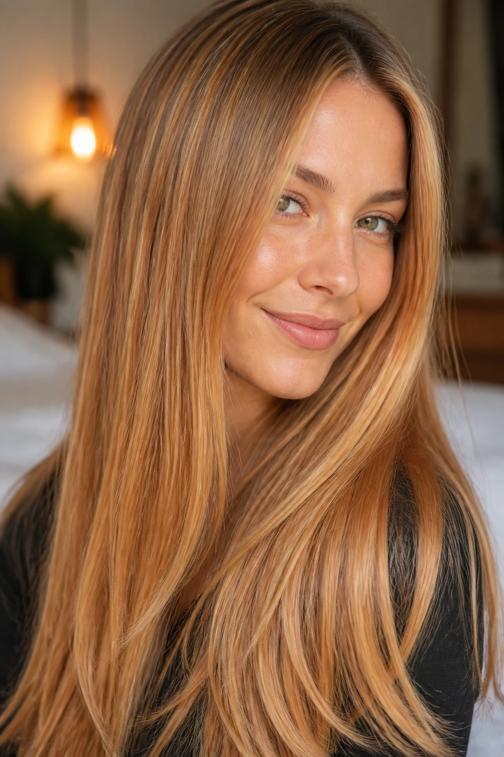 Close-up of a real woman with long straight hair in golden apricot balayage