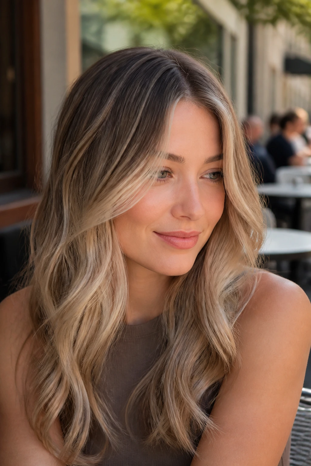 Close-up ash beige balayage with cool beige ribbons