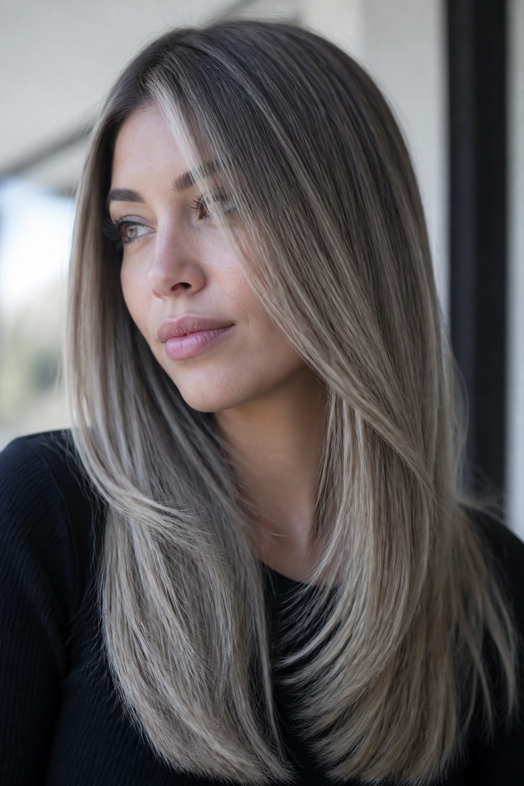 Portrait with ash beige balayage on straight hair