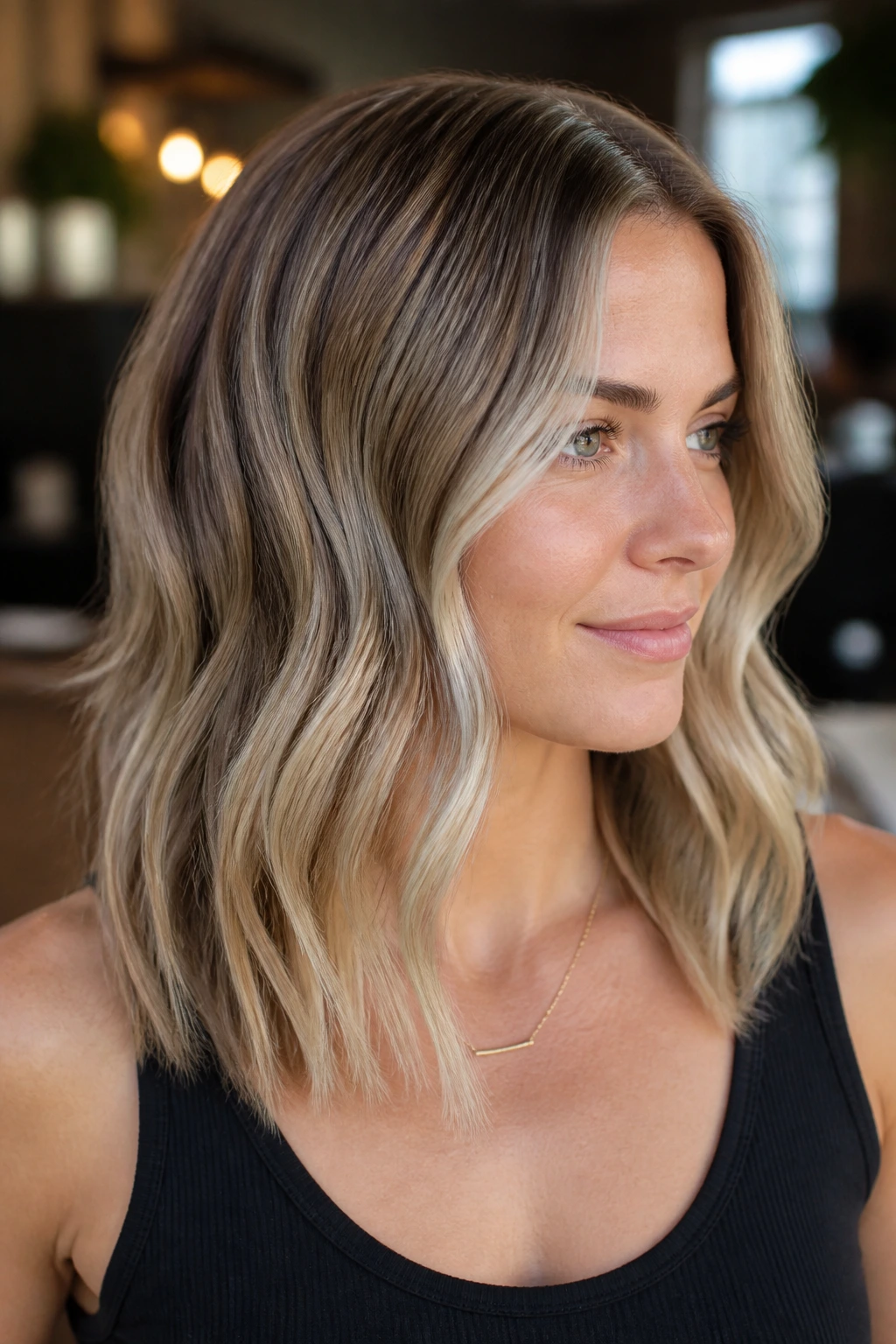 Close-up of dark blonde hair with ash balayage in a softly lit salon