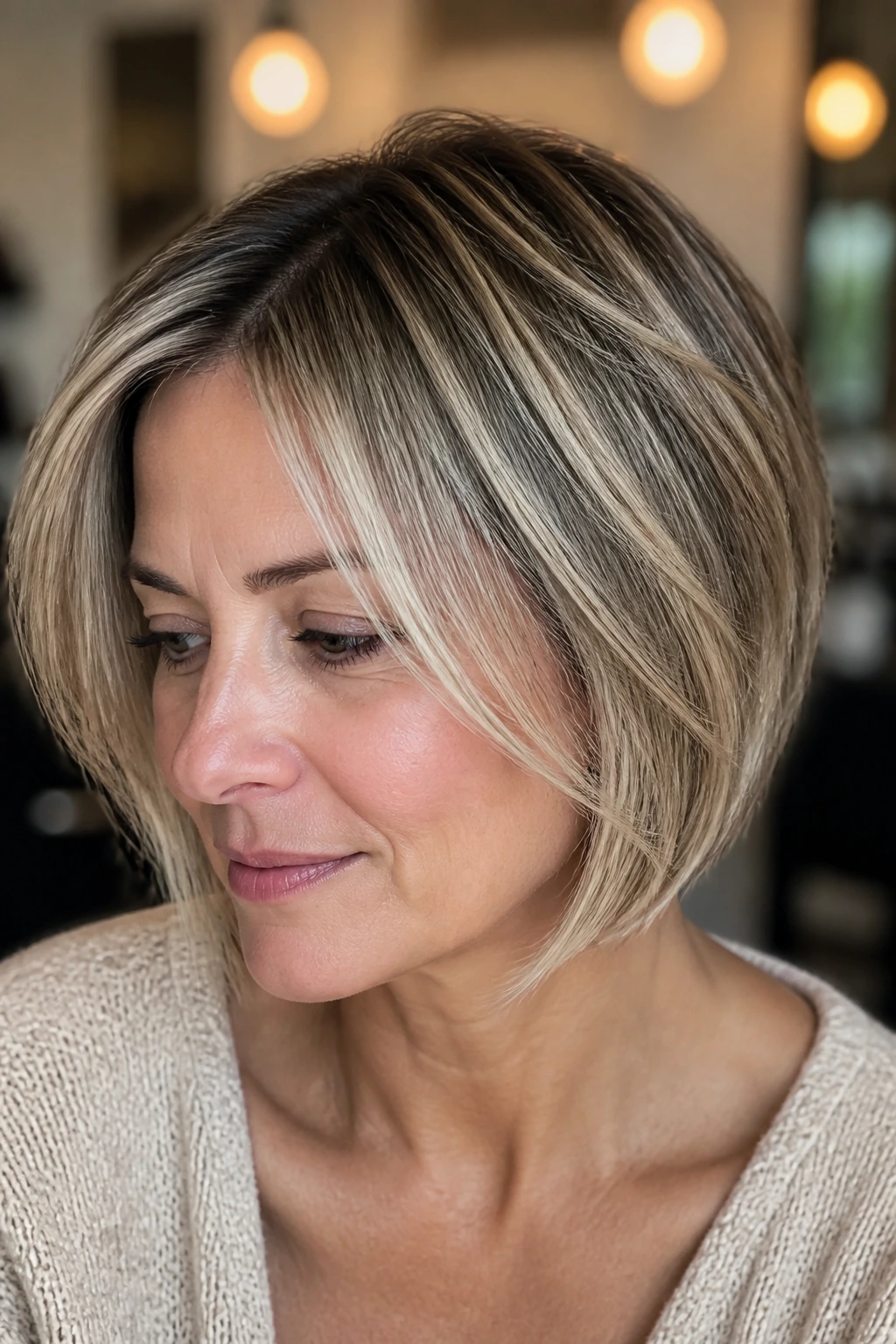 Close-up of a real woman with a fine-hair layered bob and ultra-fine baby-lites.