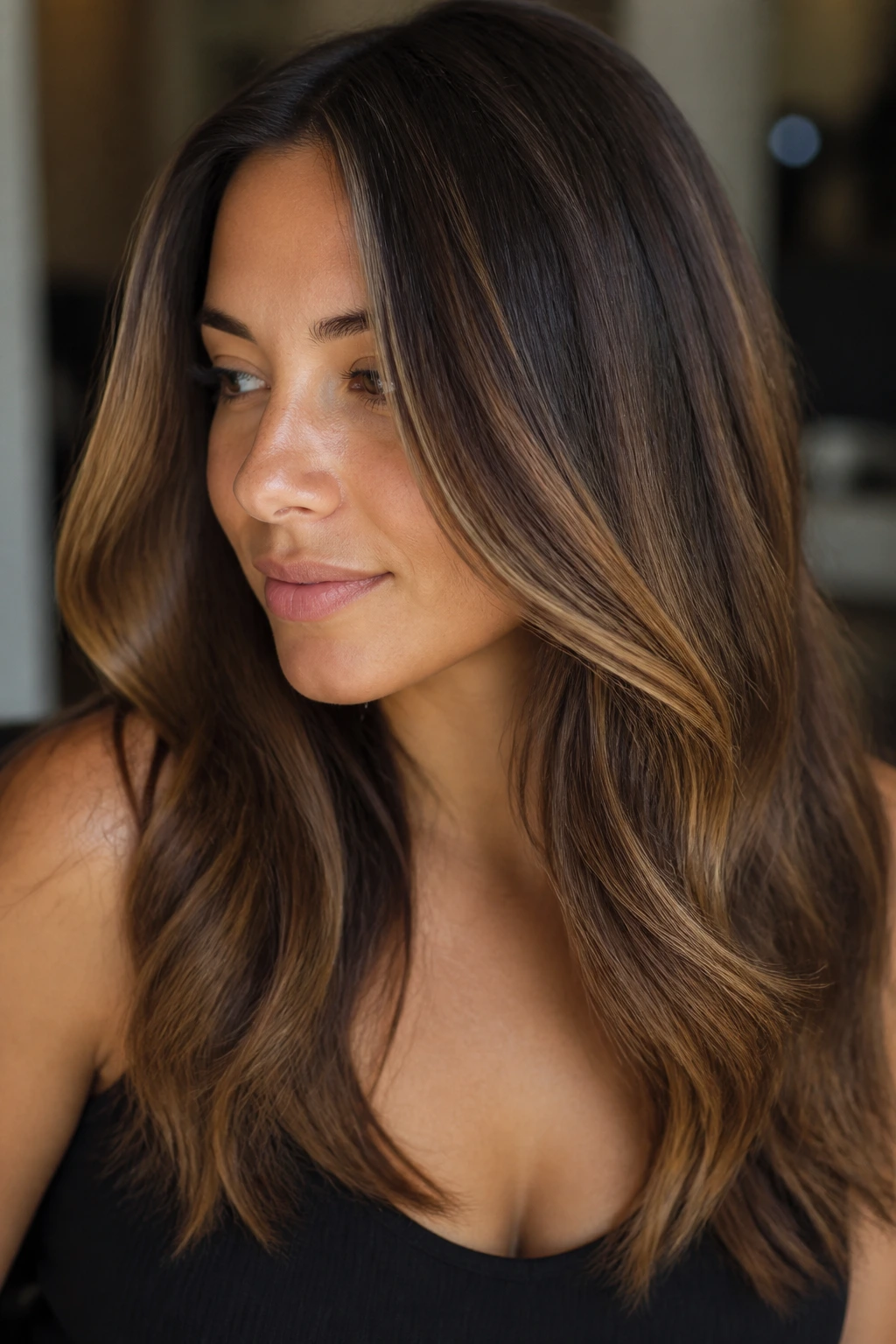 Portrait of woman with brown base and caramel balayage tones