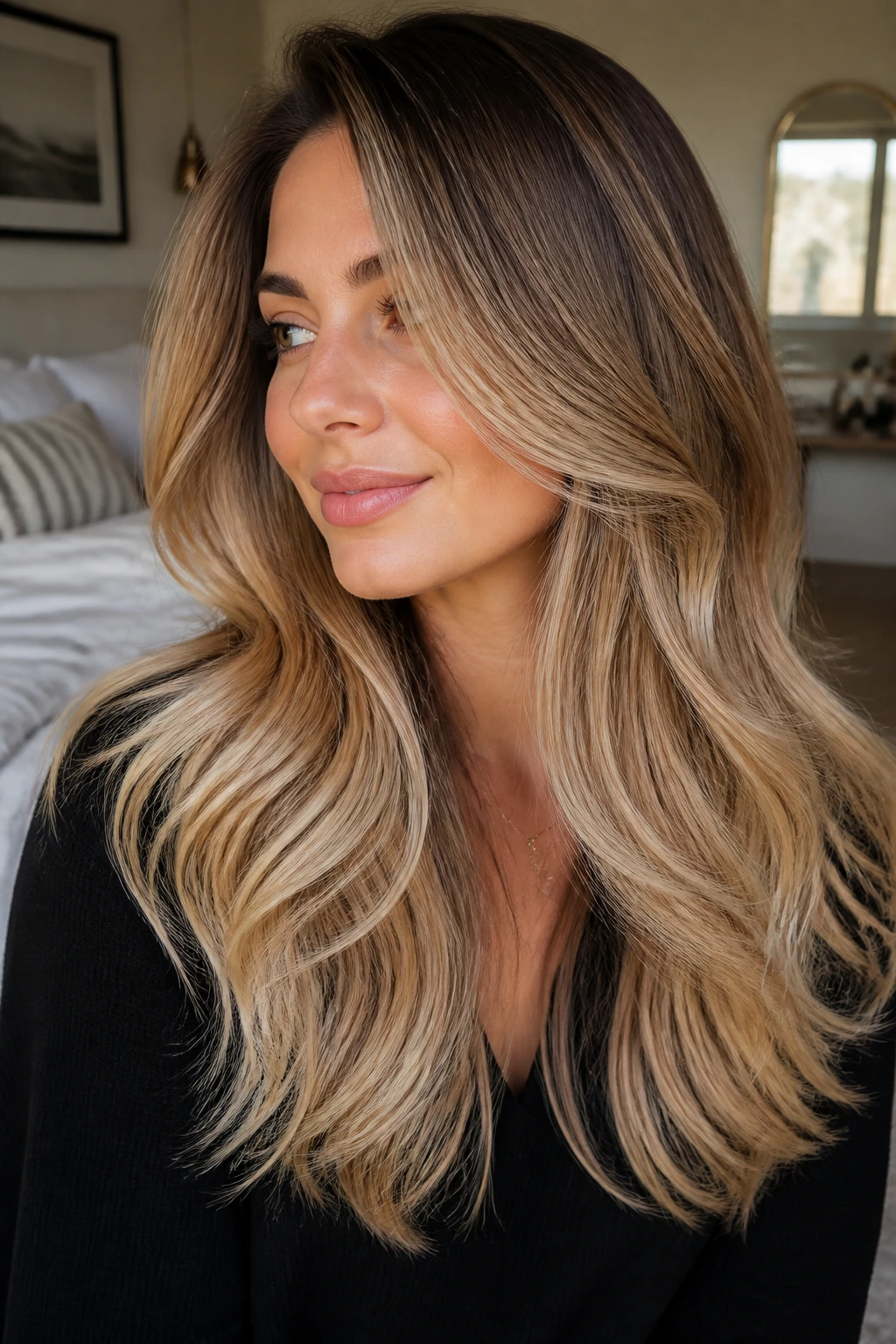 Close-up of a real woman with long layered hair showing buttery beige balayage in warm window light.