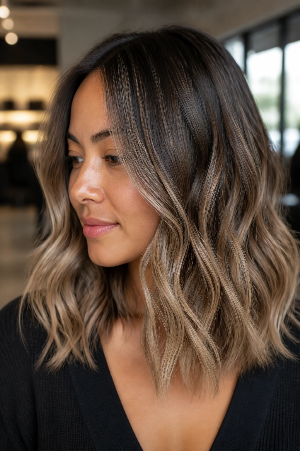 Close-up of shoulder-length wavy hair with soft beige balayage ribbons on a medium brown base.
