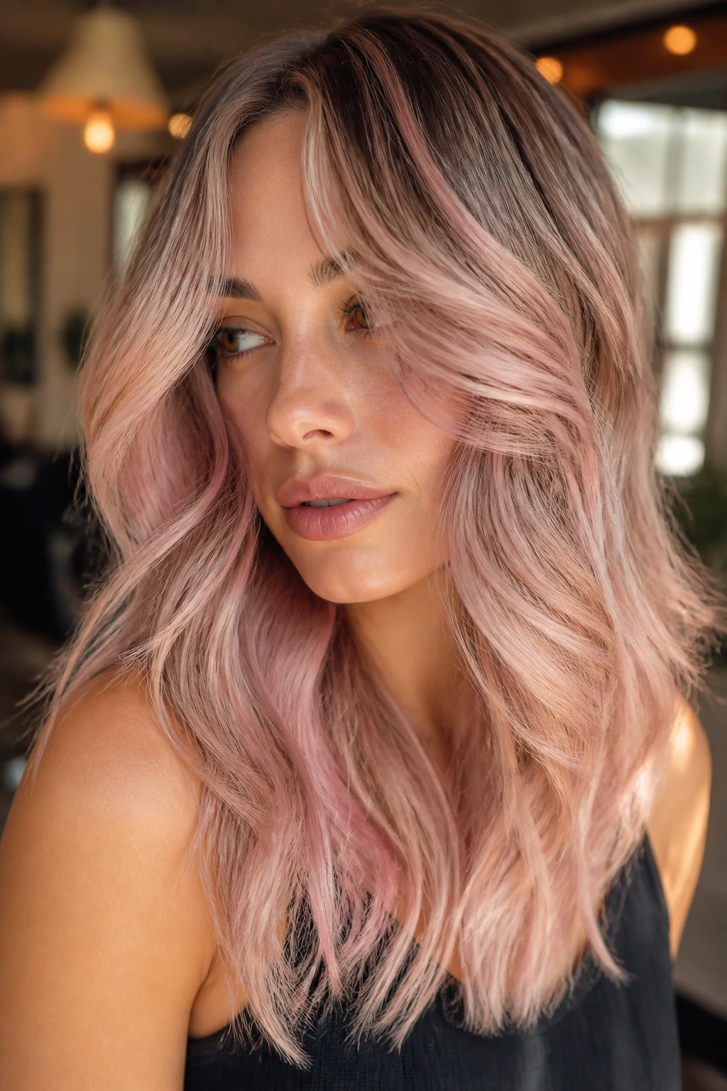 Portrait of woman with blush beige balayage hair soft and diffused