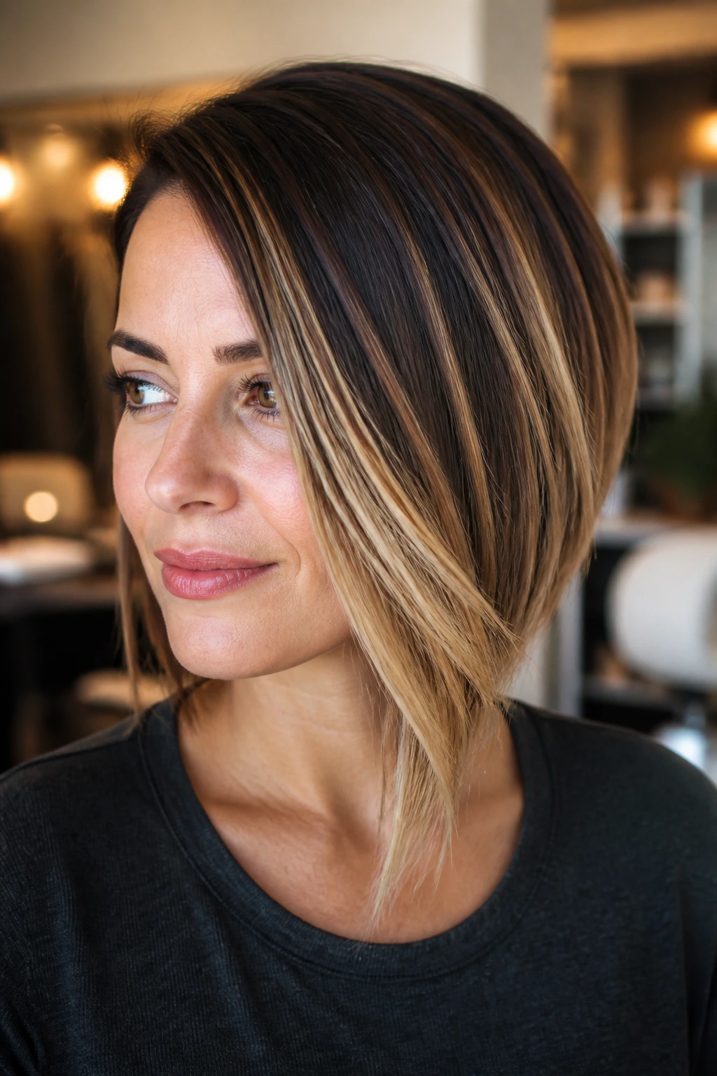 Close-up portrait of a real woman with balayage asymmetrical bob.