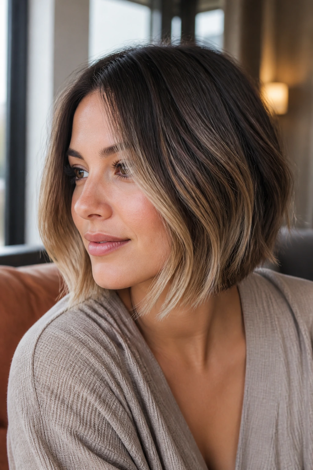 Portrait showing balayage on a bob highlighting face framing pieces with soft blending.