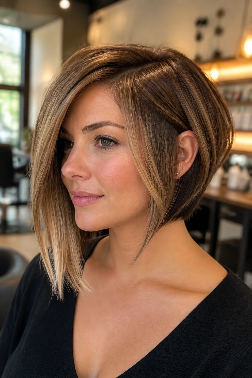 Close-up of a real woman with Balayage Asymmetrical Bob With Depth at the Ends in warm salon light
