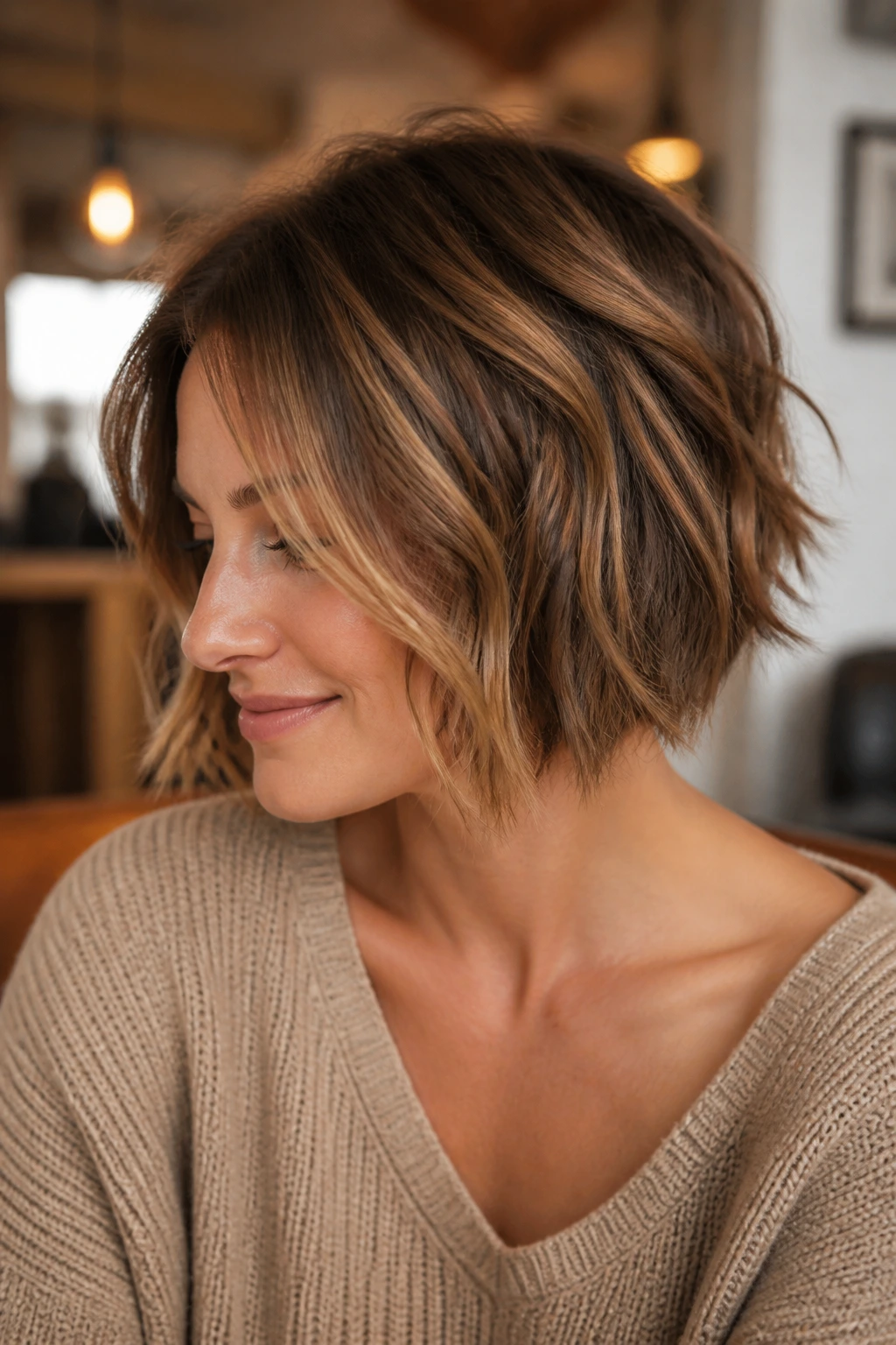 Portrait of a real woman with a honey balayage bob and choppy ends
