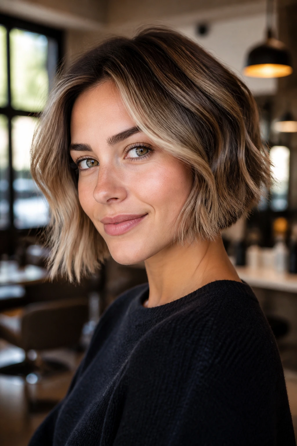 Portrait of a woman with a bob haircut featuring face-framing balayage in natural light.