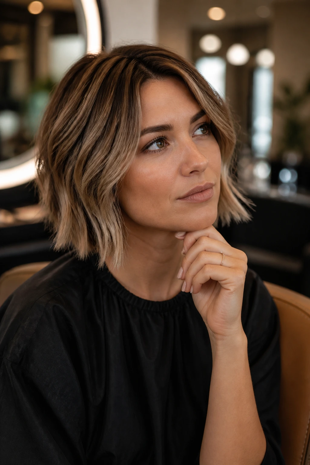 Thoughtful person with balayage bob in a salon setting