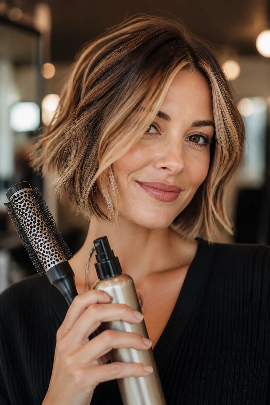 Portrait of a real woman with a bob using styling tools to shape hair.
