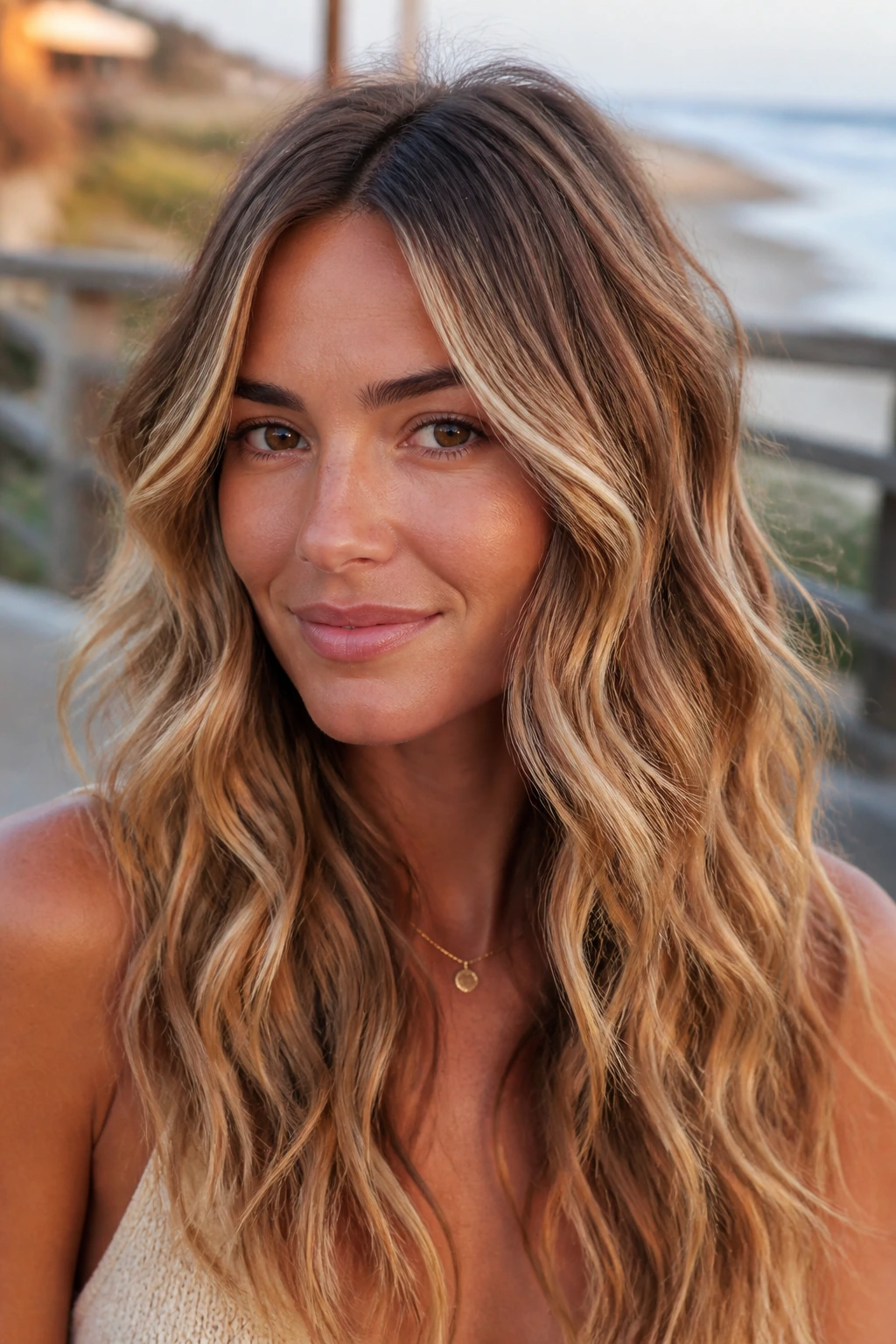Close-up of a real woman with bronde balayage on wavy hair in warm sun