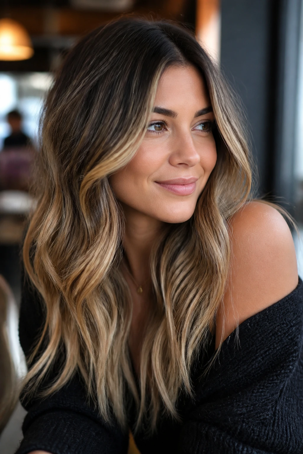 Close-up of bronde balayage with soft root shadow framing the face