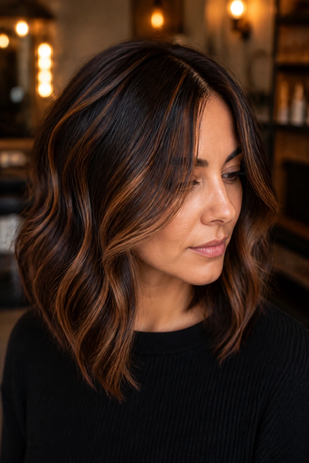 Close-up of deep brunette with Bronze Balayage highlighting the face frame