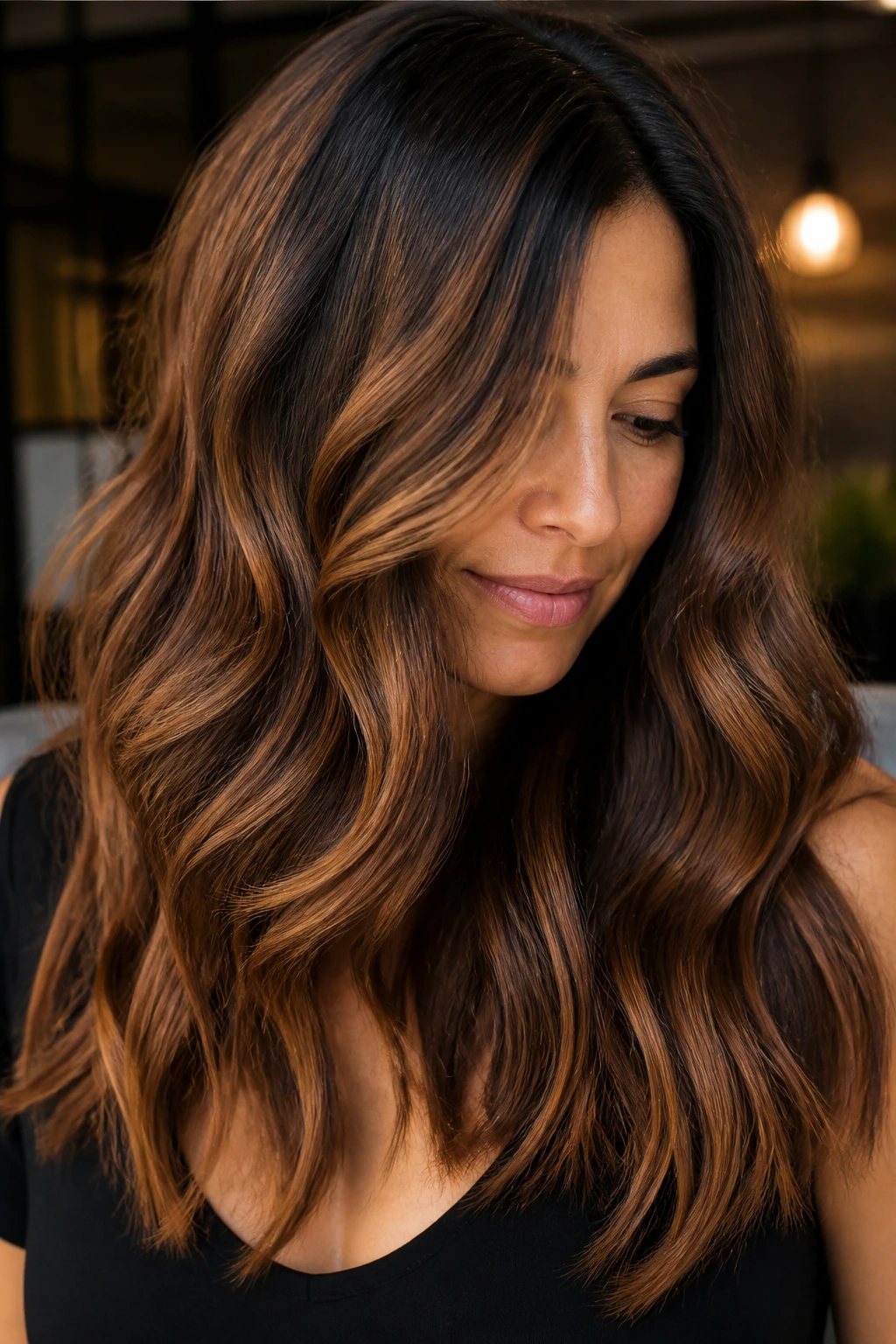 Portrait of brunette with bronze glow balayage in waves