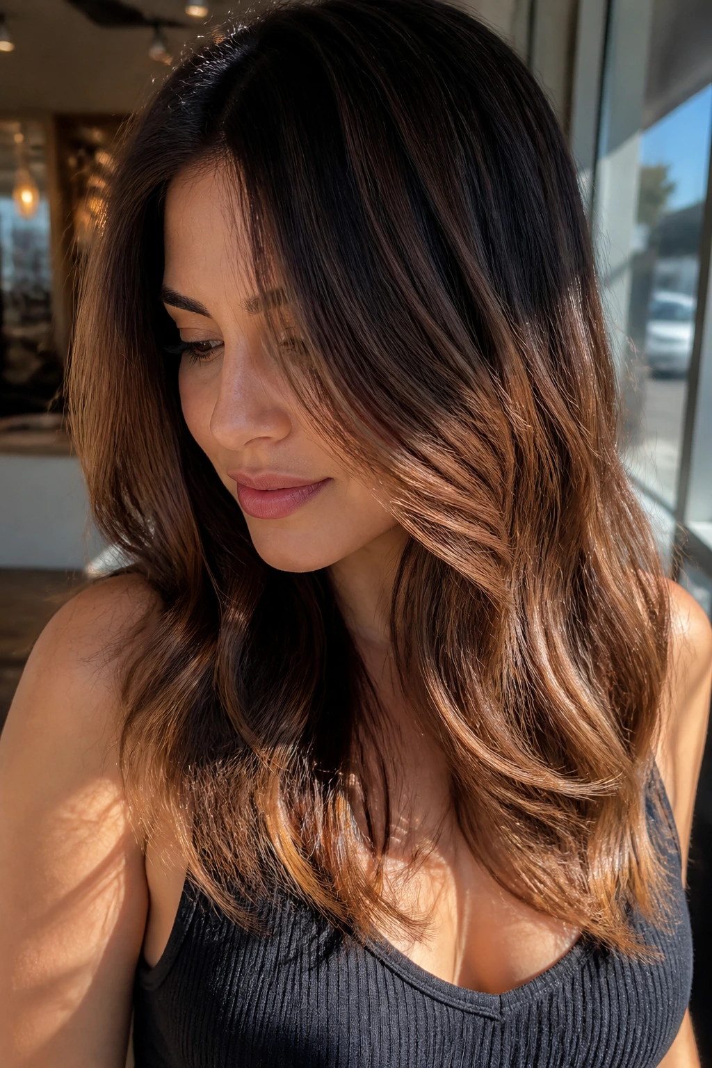 Brunette with sunlit bronze balayage and light ribbons in natural salon light