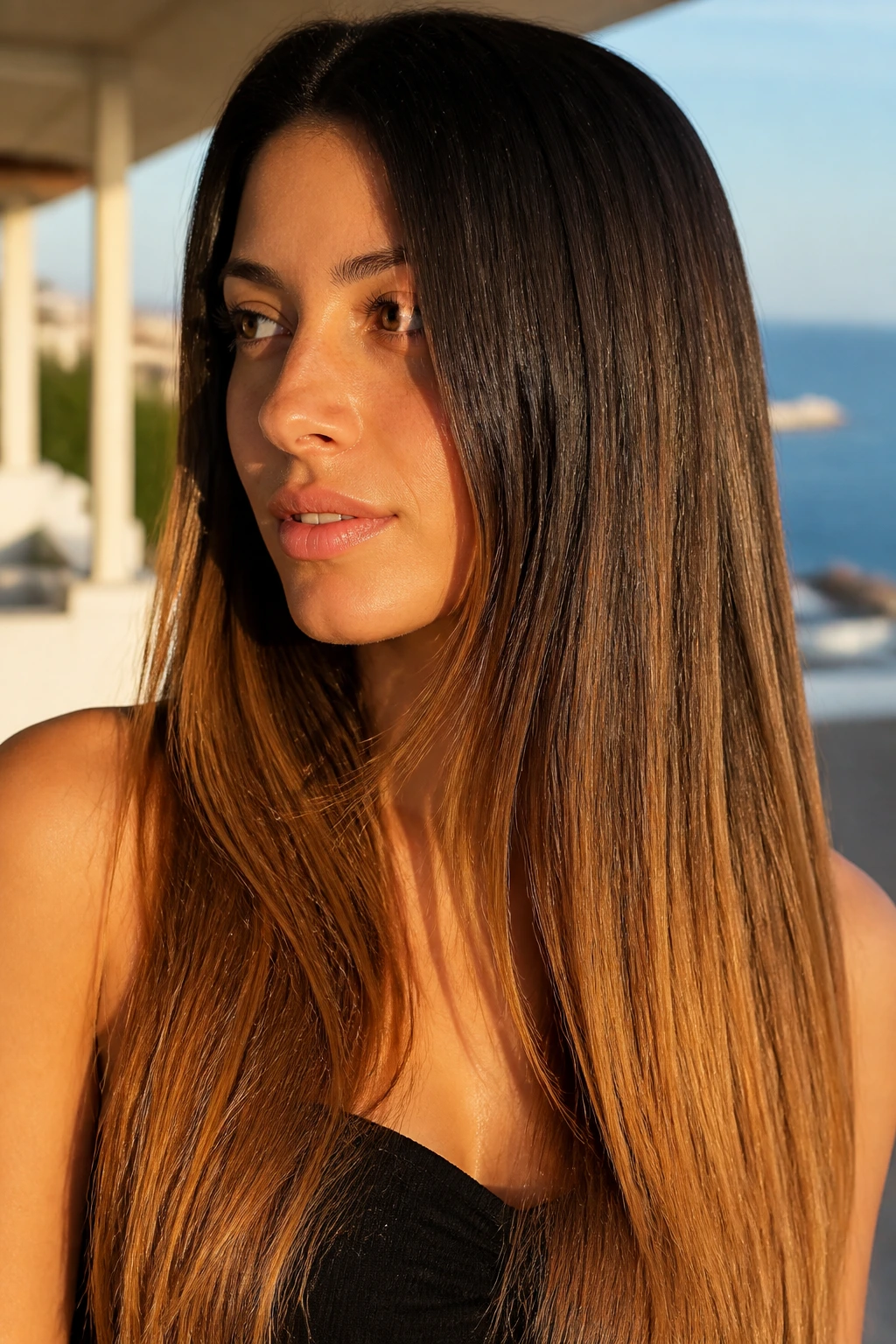 Close-up of a real woman with bronze sunlit ends on long straight hair