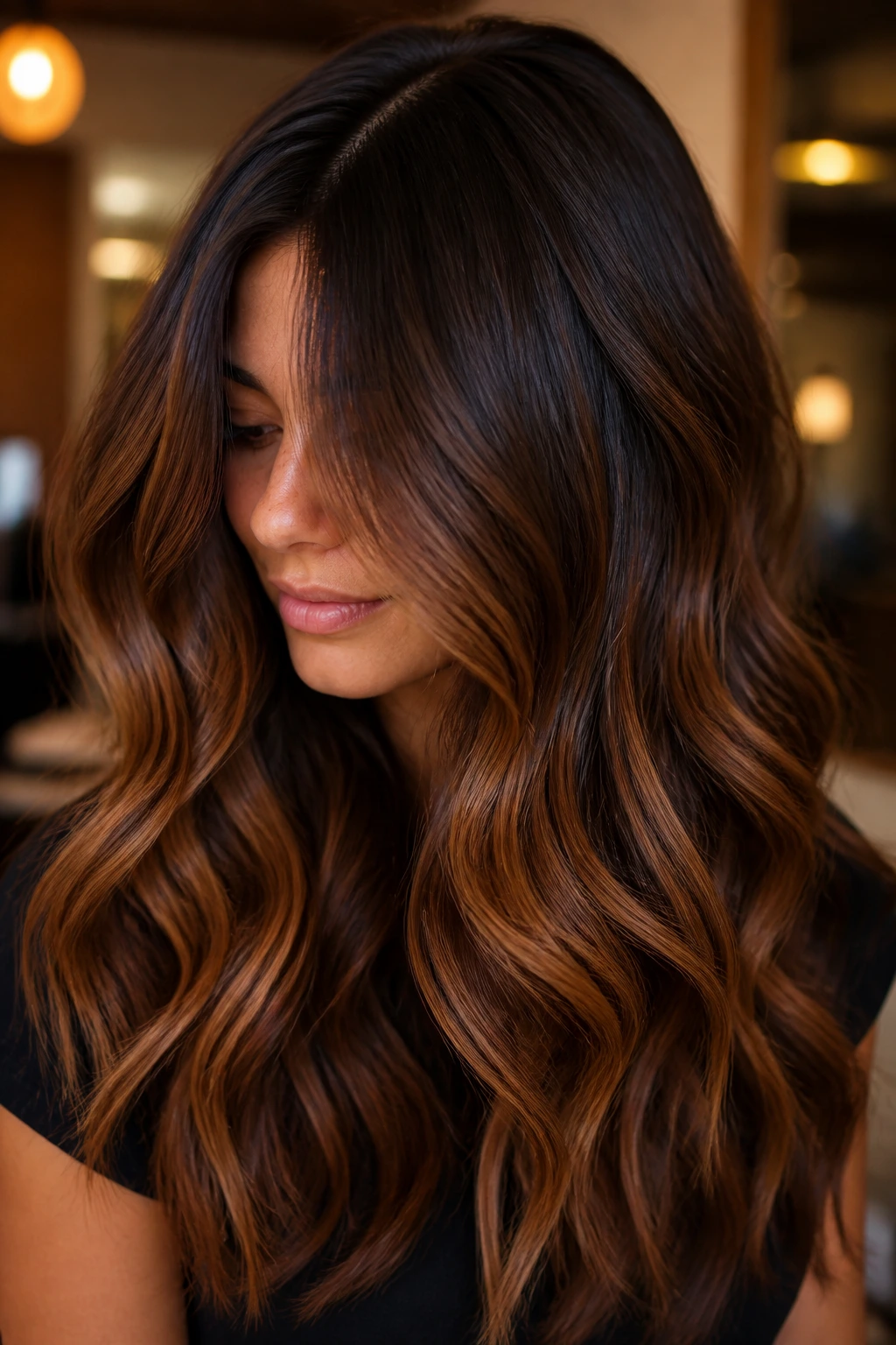 Portrait of a person with bronze velvet melt on layered brunette hair