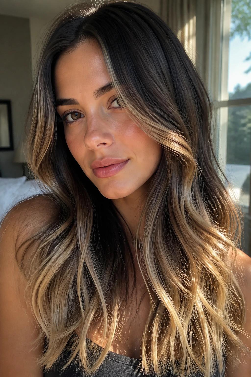 Close-up portrait of brunette with sunlit almond ends and warm almond-beige tips