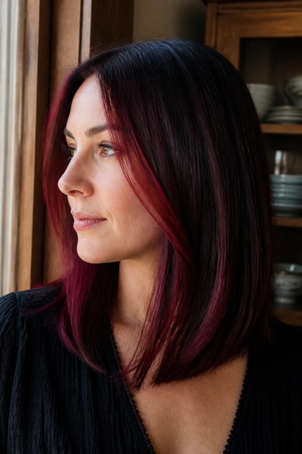 Close-up of brunette with Chocolate Cherry Balayage featuring cherry ribbons on shoulder-length hair