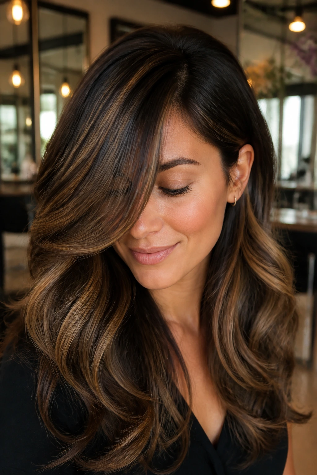 Close-up of woman with swoopy side-part layers and dimensional brunette balayage