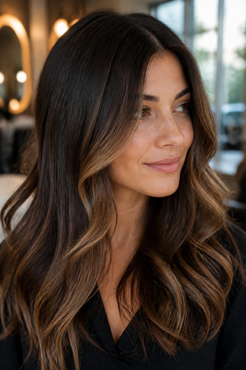 Close-up brunette portrait with soft balayage and blurred roots in natural window light