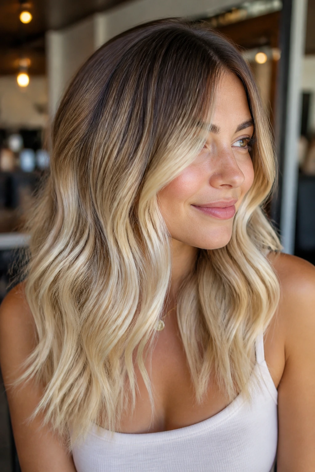 Close-up of a real woman's hair with creamy buttercream blonde ends and root shadow.