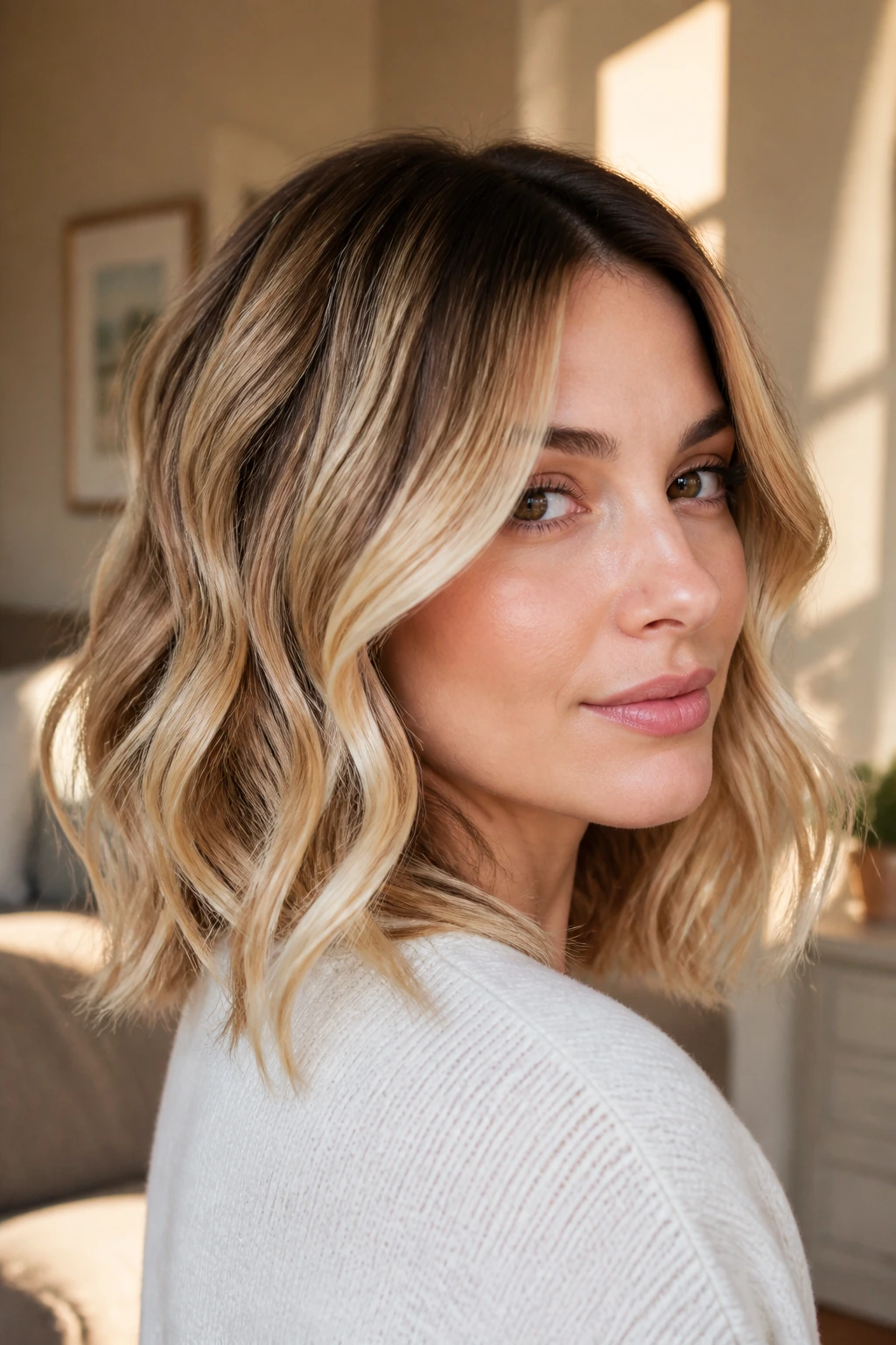 Buttery blonde balayage on shoulder-length hair with warm creamy tones