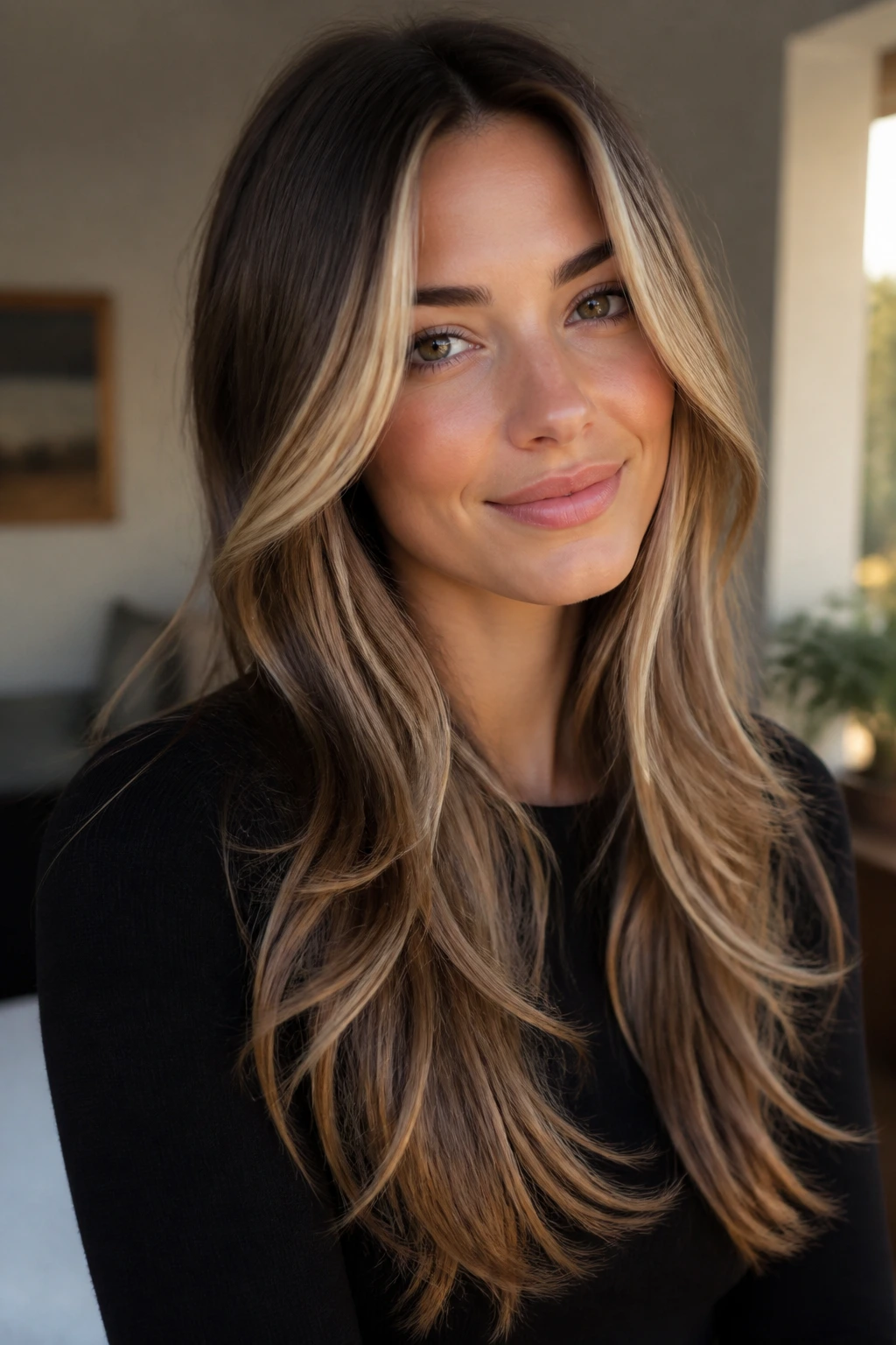 Close-up portrait of a real person with buttery face-frame balayage on long layers
