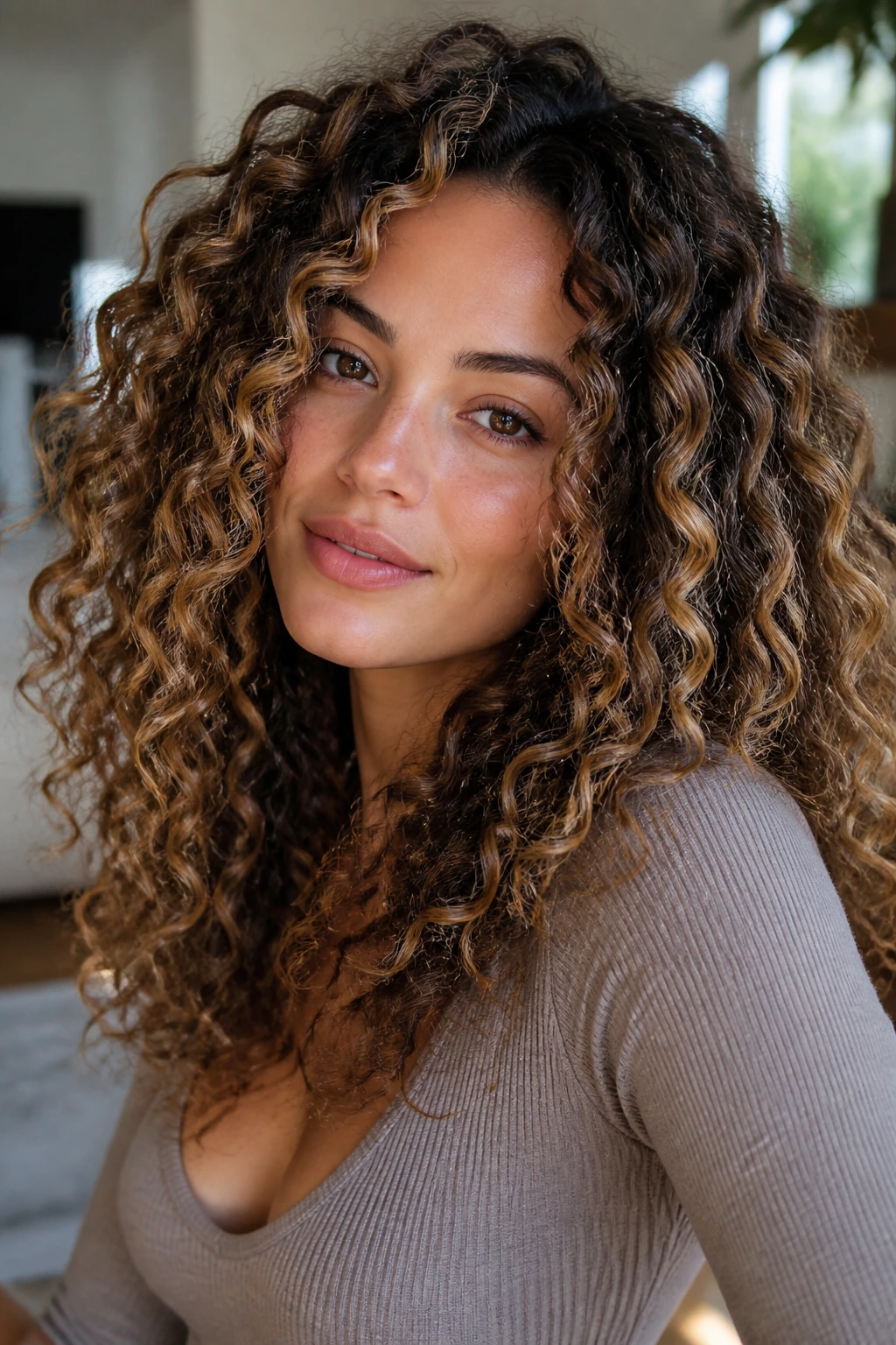 Close-up of caramel ribbon balayage on curly hair with dimension